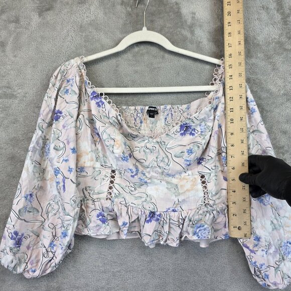 Express Blouse Womens Large Pink Floral Peplum Smocked Sweetheart Linen Blend - Picture 3 of 9